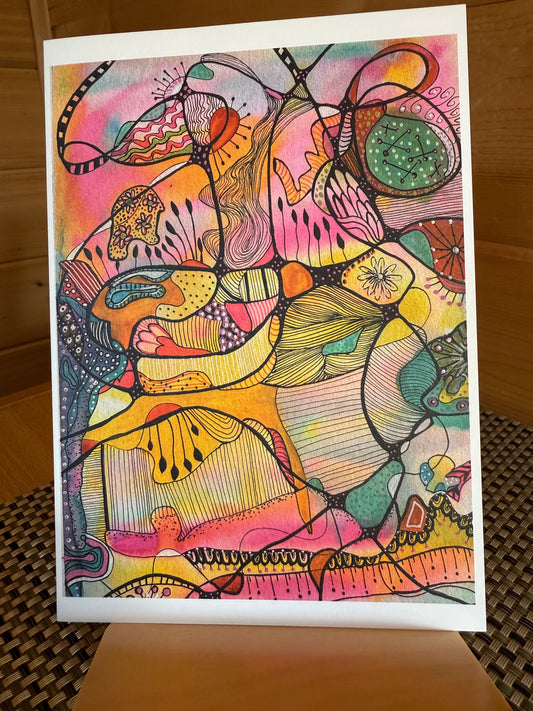 "Jump for Joy" - 5×7 Abstract Watercolor & Pen Greeting Card – Whimsical Geometric Art