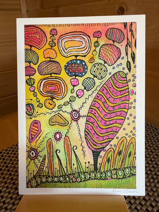 "In Bloom" - 5×7 Abstract Watercolor & Pen Greeting Card – Whimsical Geometric Art