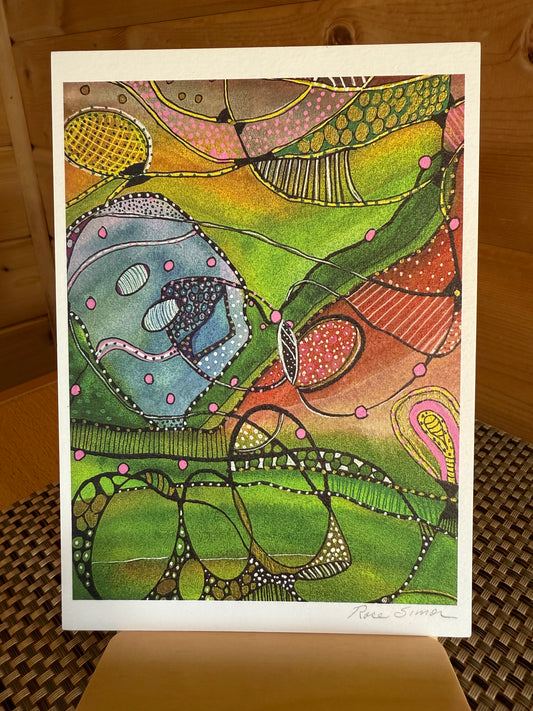 "Wonder" - 5×7 Abstract Watercolor & Pen Greeting Card – Whimsical Geometric Art