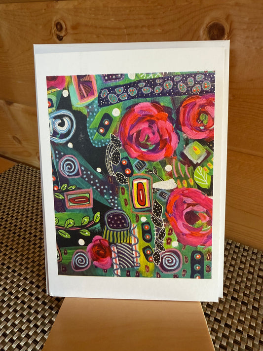 Abstract Flower  Greeting Card – "Four Red Roses" 5×7 Art Card