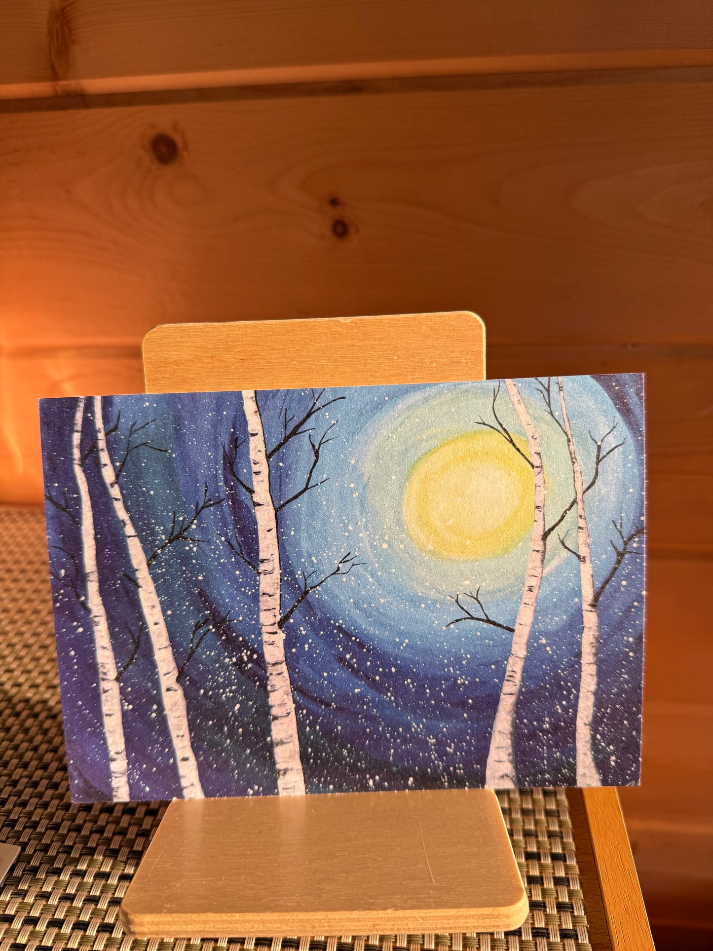 Full Moon and White Birches 5×7 Folded Greeting Card – Nature Moonlight Art