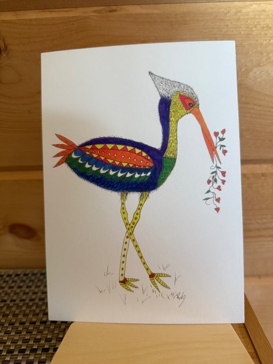 Whimsical Watercolor Heron with Heart Flower Vine – Abstract Nature Art Print