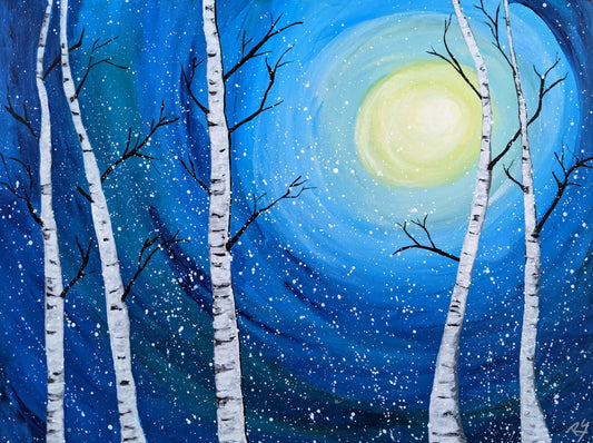 Full Moon and White Birches 5×7 Folded Greeting Card – Nature Moonlight Art